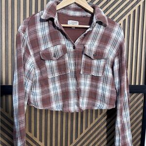Ci Sono Women's Plaid Button Down Shirt - Brown and White